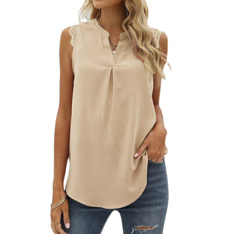 Women's sleeveless blouse shirt with elegant lace insert and fashionable pleats