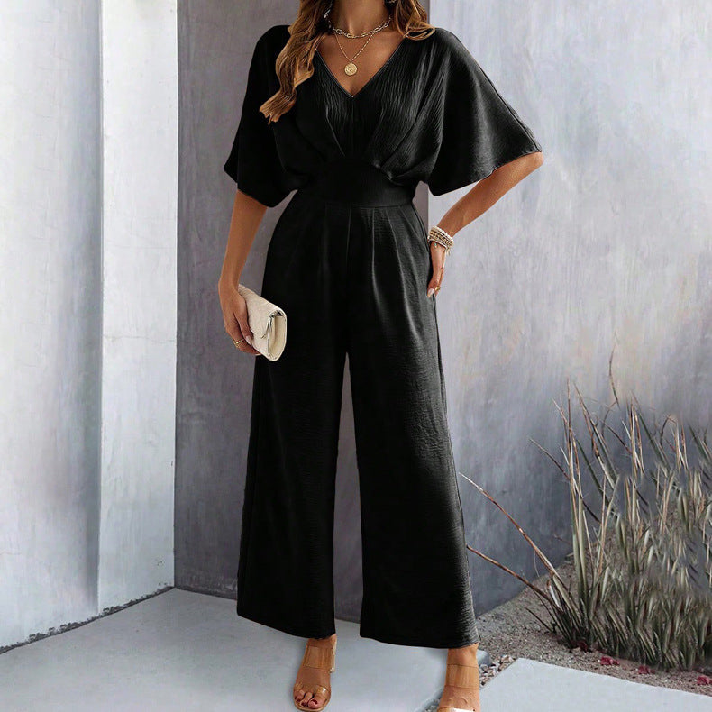 Ladies Wide Cut Jumpsuit with Elegant Draping and V-Neck