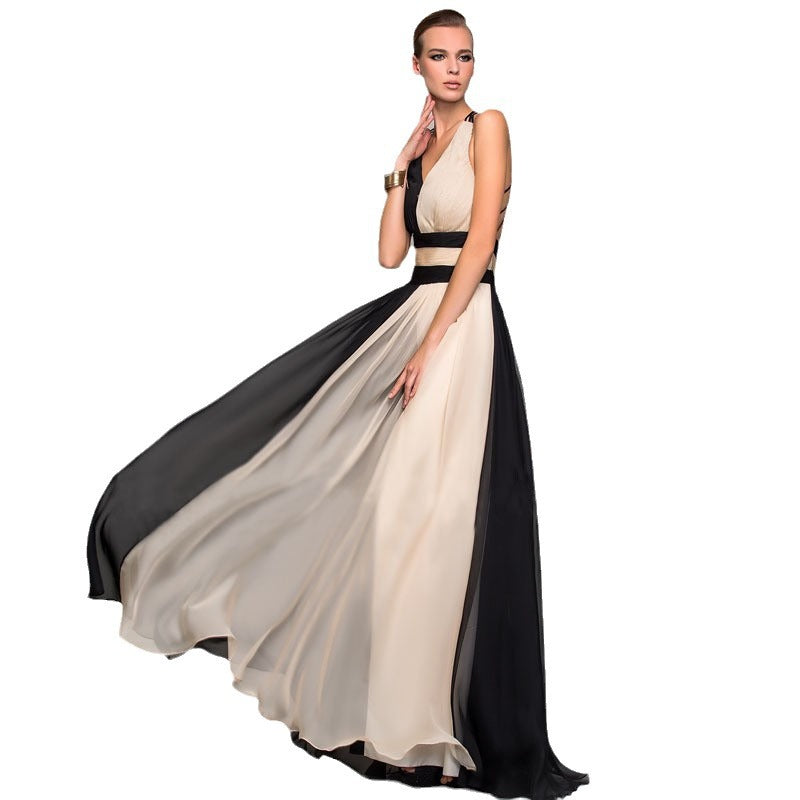 Women's Elegant Maxi Dress with Asymmetrical Design and Deep V Neck
