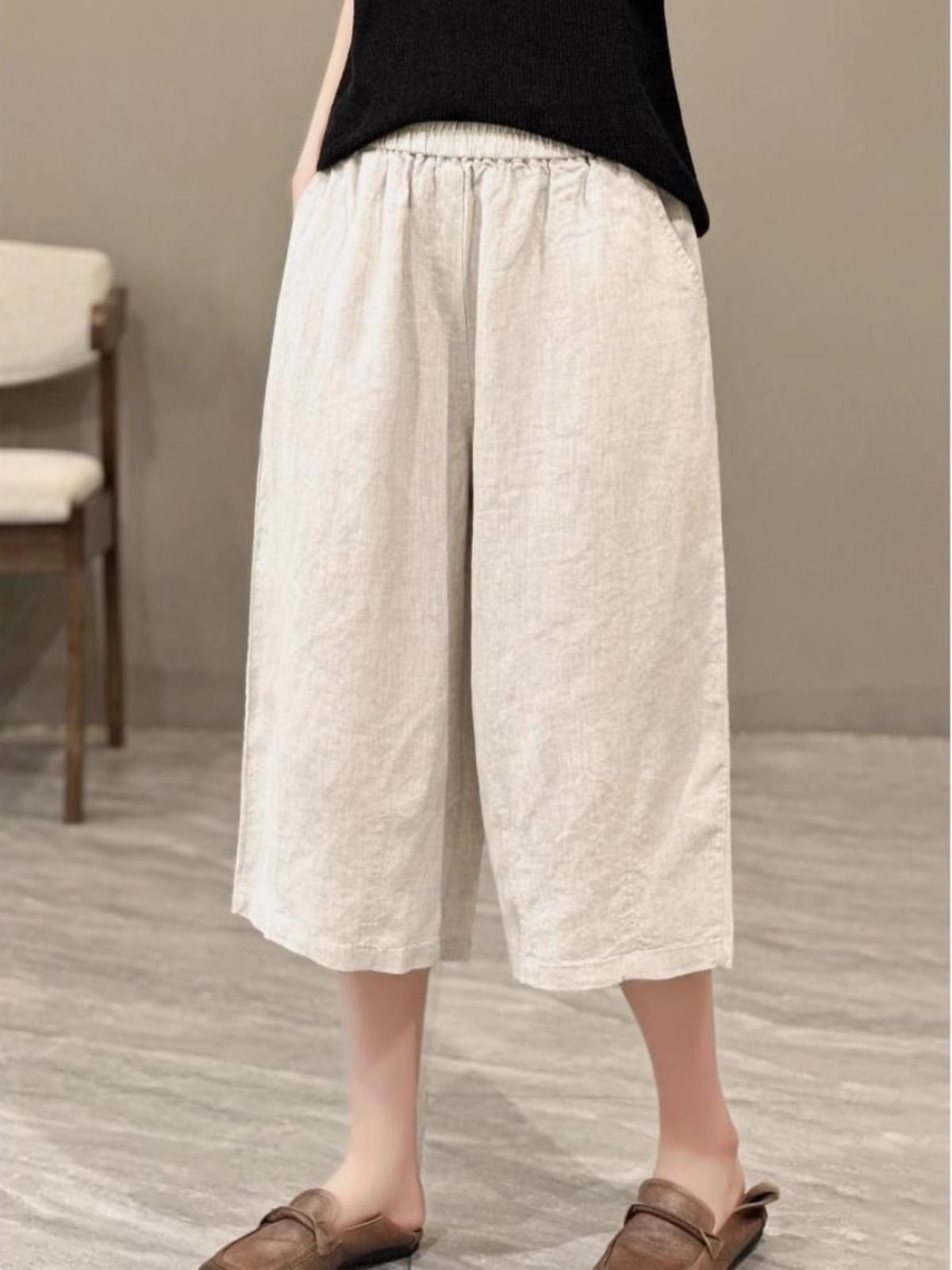 Women Relaxed Fit Linen Culotte Shorts