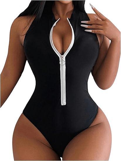 Women High Collar Zipper One-Piece Swimsuit