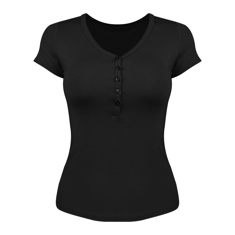 Women's short-sleeved functional shirt with button placket and V-neck