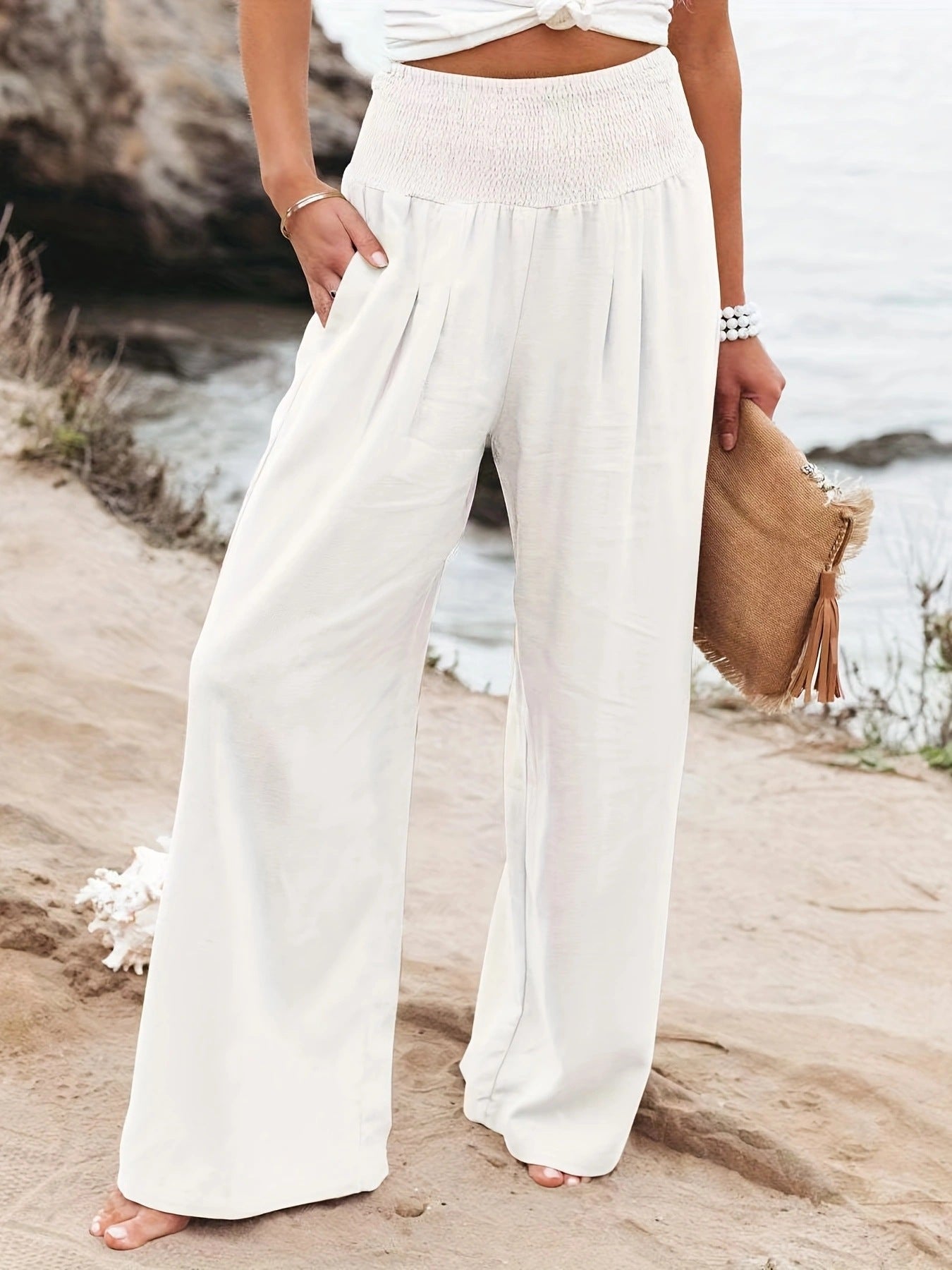 Ladies long, wide linen pants with elastic waistband