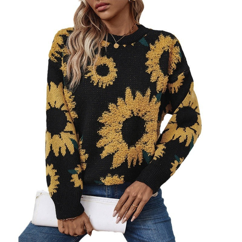 Ladies cozy pullover with sunflower motif