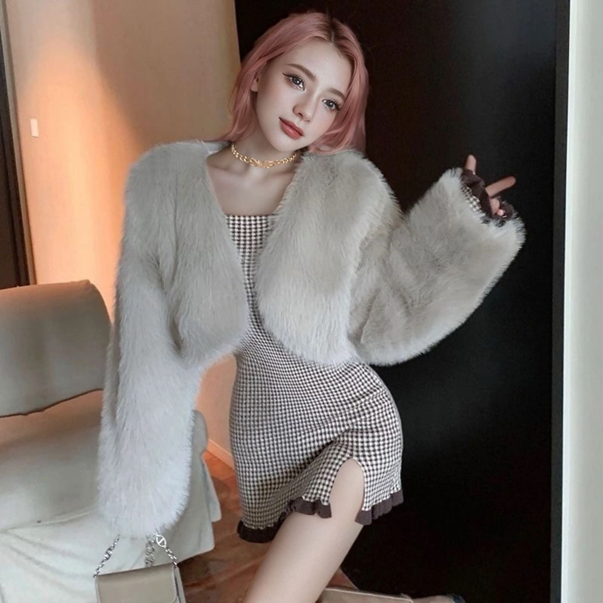 Women Fluffy Shoulder Jacket with Wide Cut Sleeves