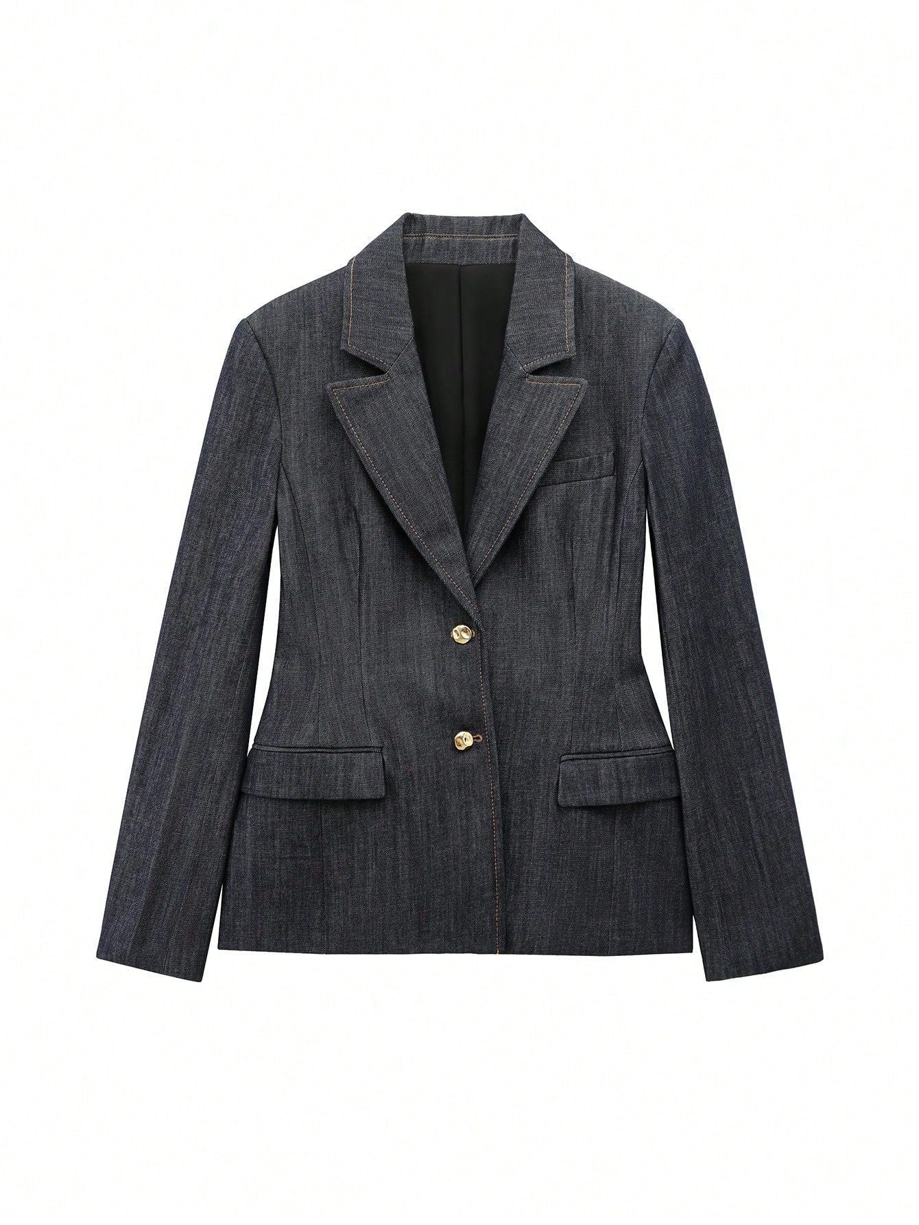 Women tailored denim blazer with golden buttons and practical pockets