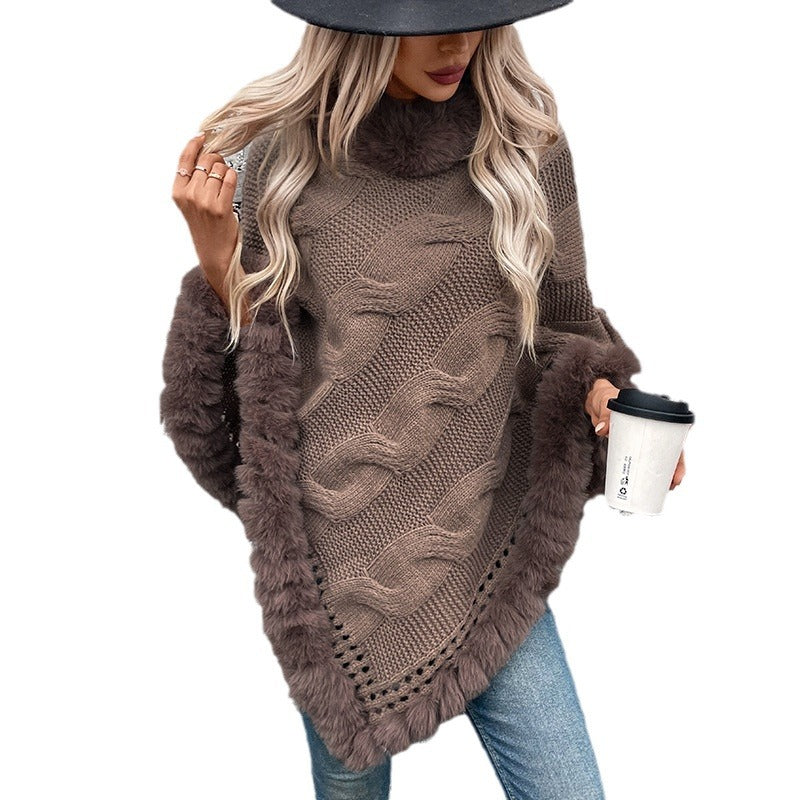 Women's cozy knit poncho with soft faux fur trim and cable knit pattern