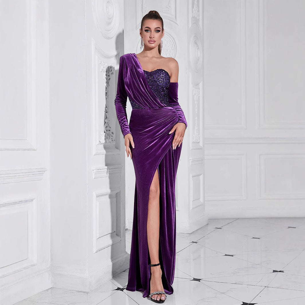 Women's Glamorous Evening Dress with Asymmetric Design and Sparkling Accents