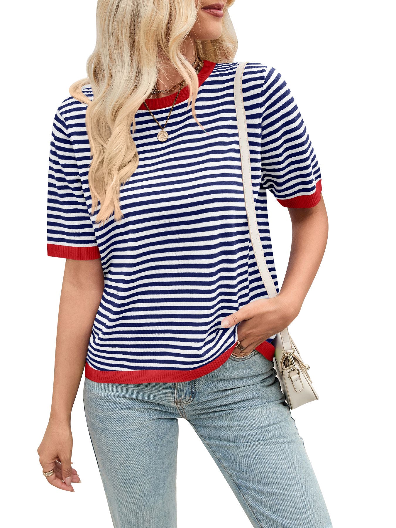 Women's comfortable striped casual blouse with contrast collar