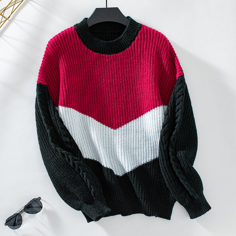 Ladies fashionable knit pullover with refined cable pattern sleeves and contrast colors