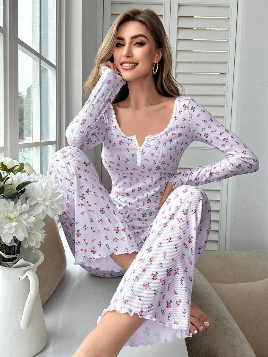 Women's Pajama Set with Lace Trim and Floral Design