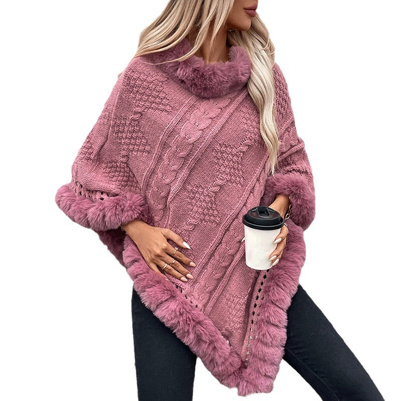 Women's cozy knitted poncho with velvety fur trim