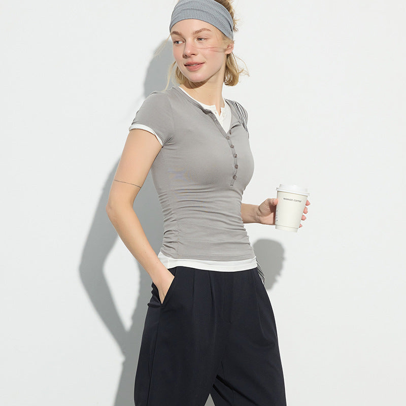 Ladies Short-Sleeve Functional Shirt with Refined Button Placket and Elastic Cut