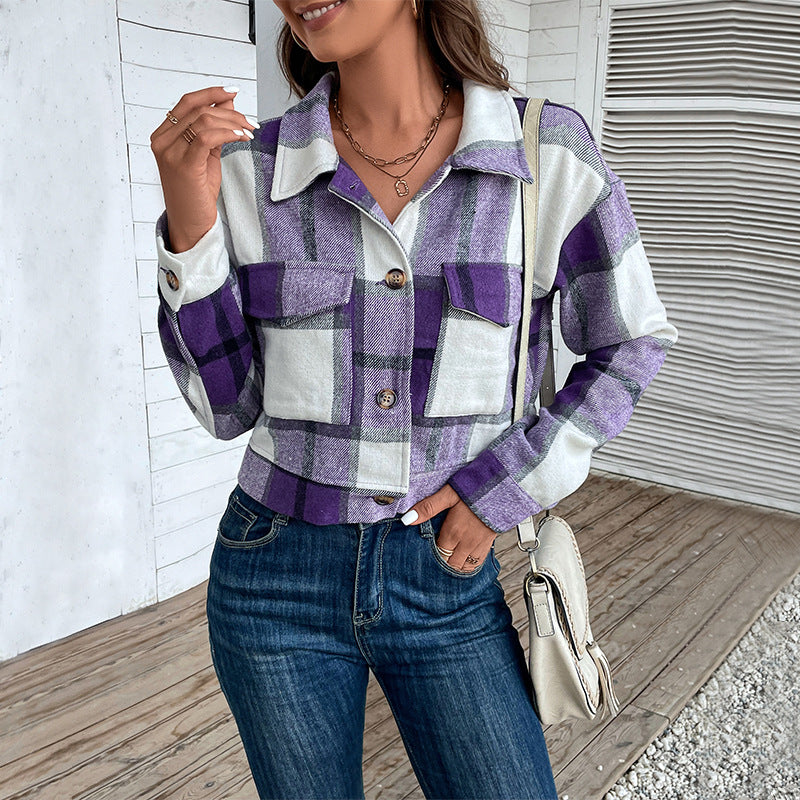 Women's Checked Denim Jacket with Buttons and Chest Pockets