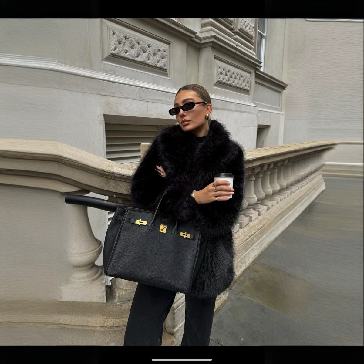 Women's Elegant Oversized Faux Fur Coat with Wide Cut Sleeves
