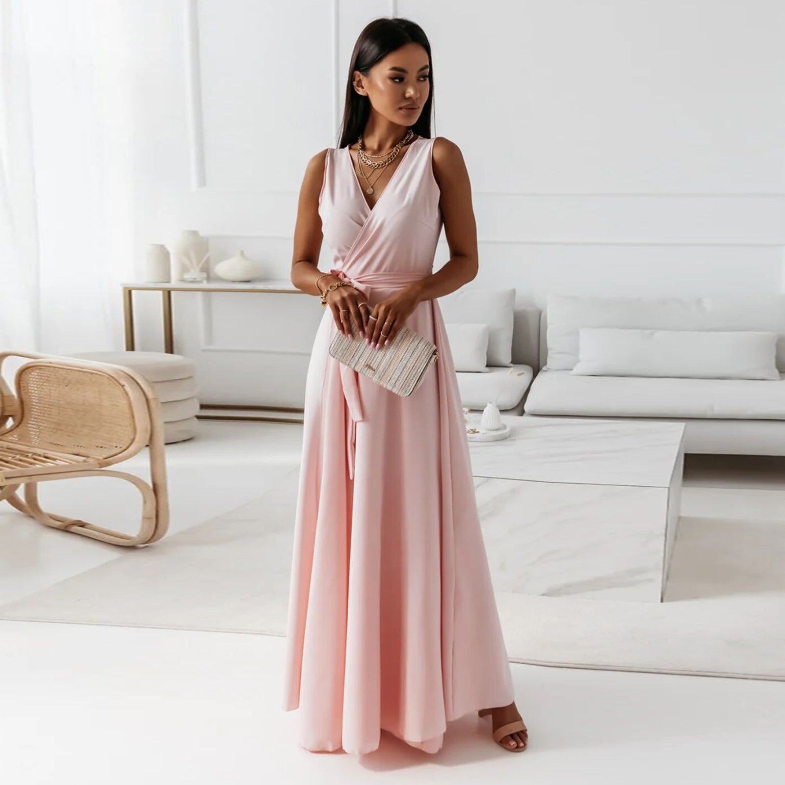 Women Solid V-neck Long Dress