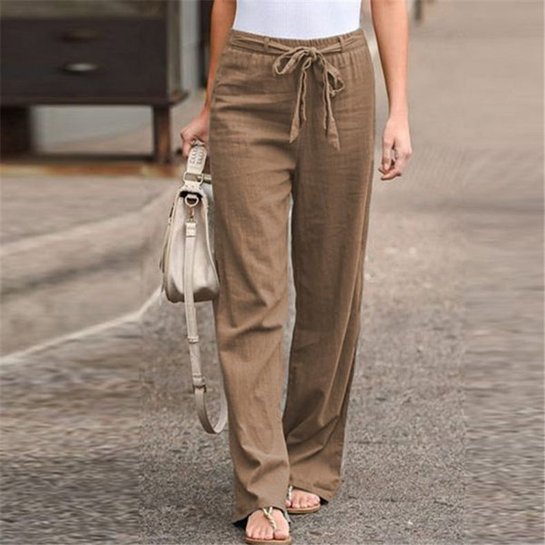 Women's comfortable linen pants with elastic waistband and adjustable tie belt