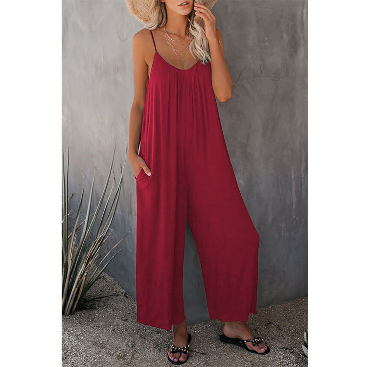 Women's Casual Jumpsuit with Wide Legs and Practical Pockets
