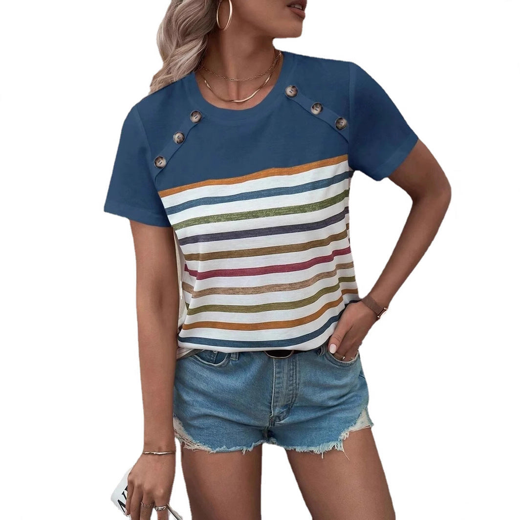 Women striped T-shirt with stylish button details and round neck