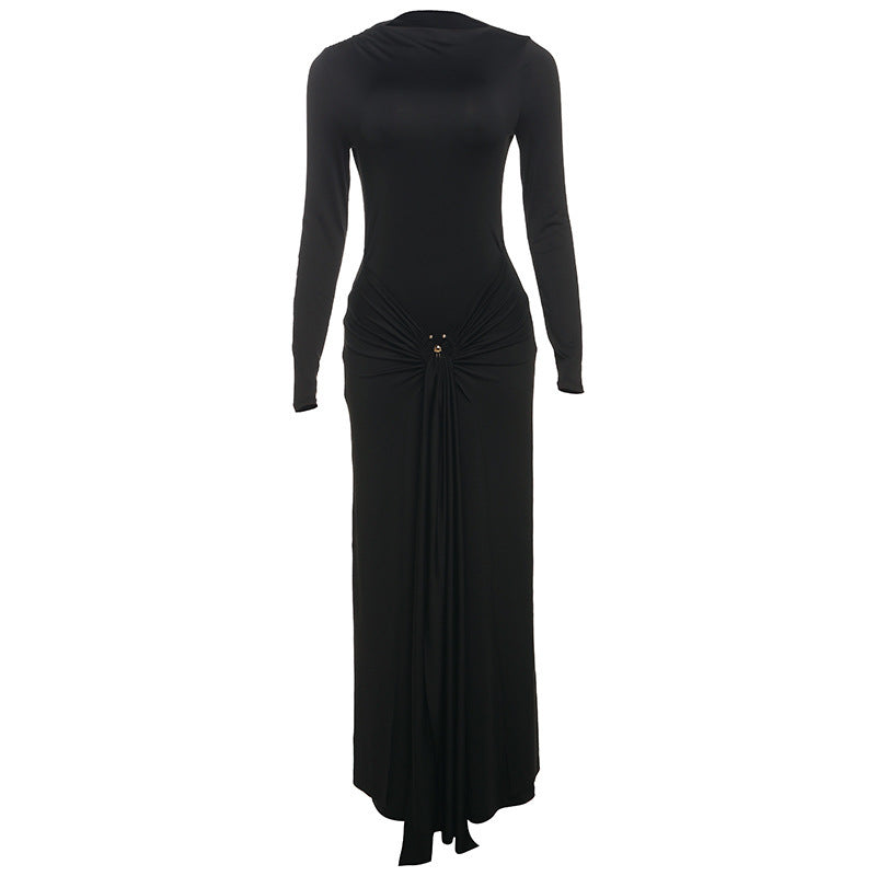 Ladies Elegant Long Sleeve Dress with Refined Draping and Jewelry Detail