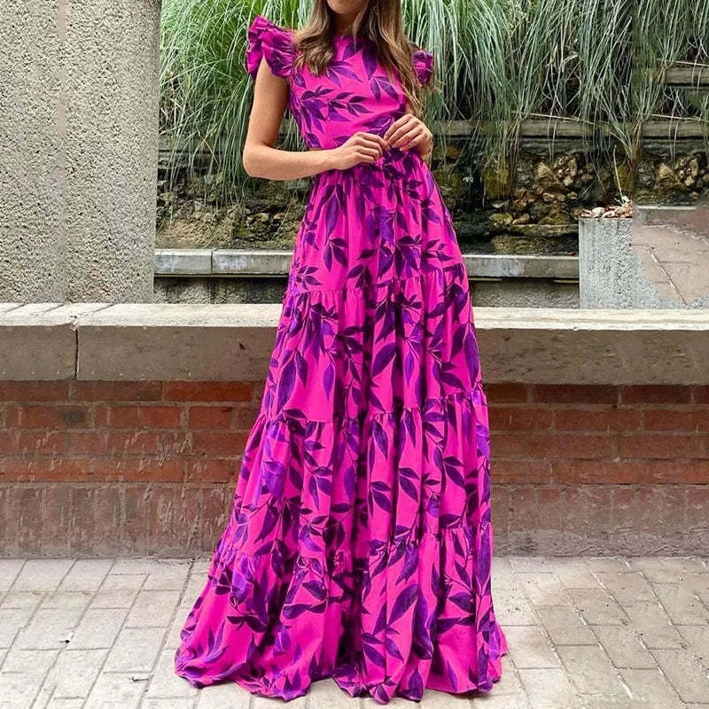 Women's Boho Maxi Dress with voluminous ruffled sleeves and tiered skirt