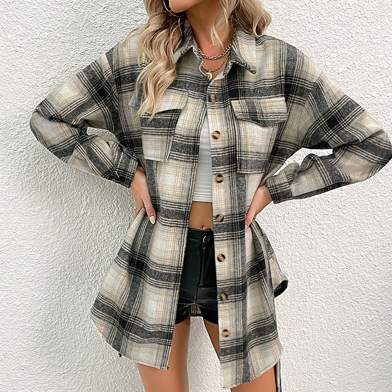 Women's casual check shirt jacket with fashionable button details and lightweight cotton quality