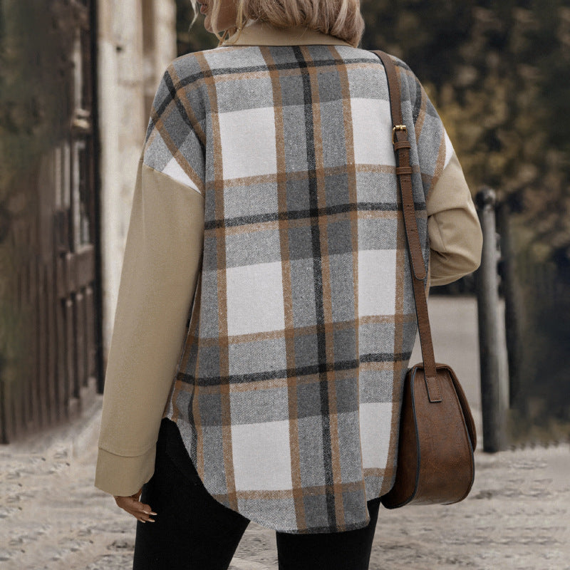 Women's Stylish Check Shirt Jacket with Chest Pockets and Button Placket