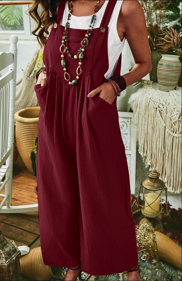 Ladies Casual Jumpsuit with Wide Leg and Pockets