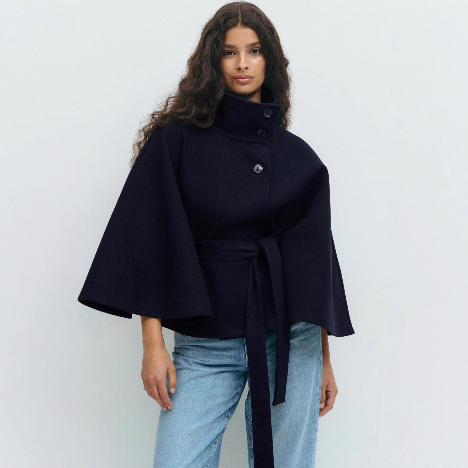 Women's wrap jacket with high collar line and wide sleeves