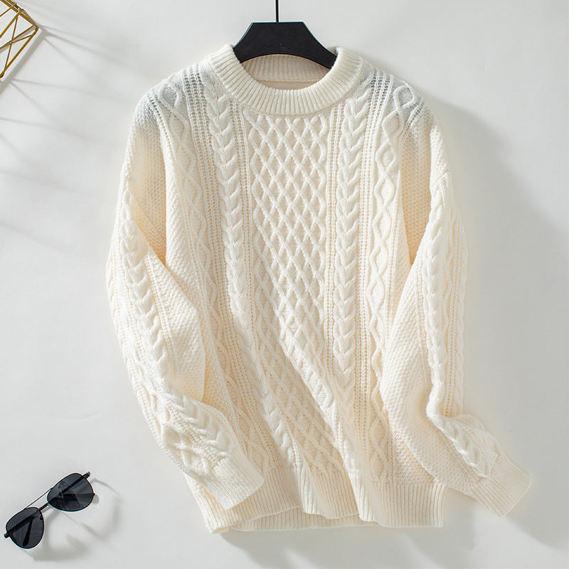 Ladies chunky knit pullover with sophisticated cable pattern and round neckline