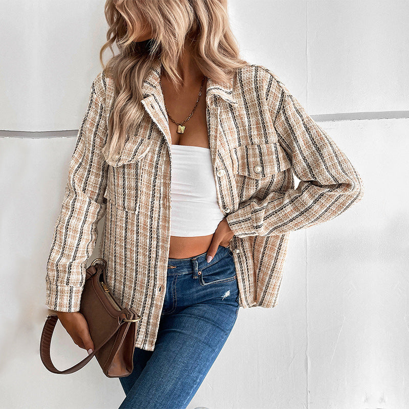 Women's checkered shirt with patch pockets and textured fabric
