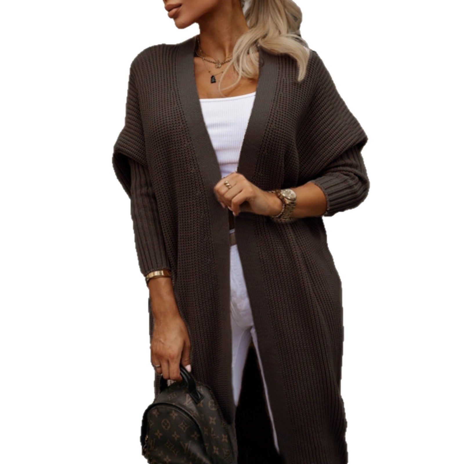 Women’s fashionable long sleeve cardigan with open cut and waffle pattern