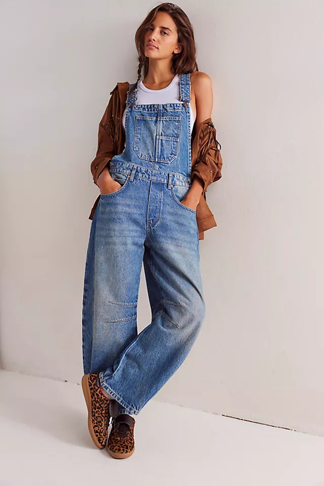 Women's Casual Denim Overalls with Wide Leg Cut