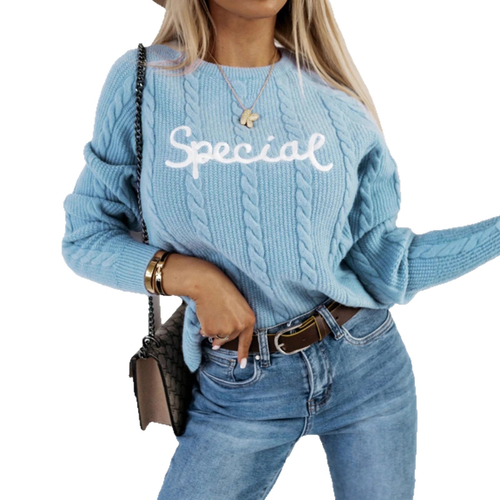 Women's knitted pullover with cable pattern and embroidered lettering