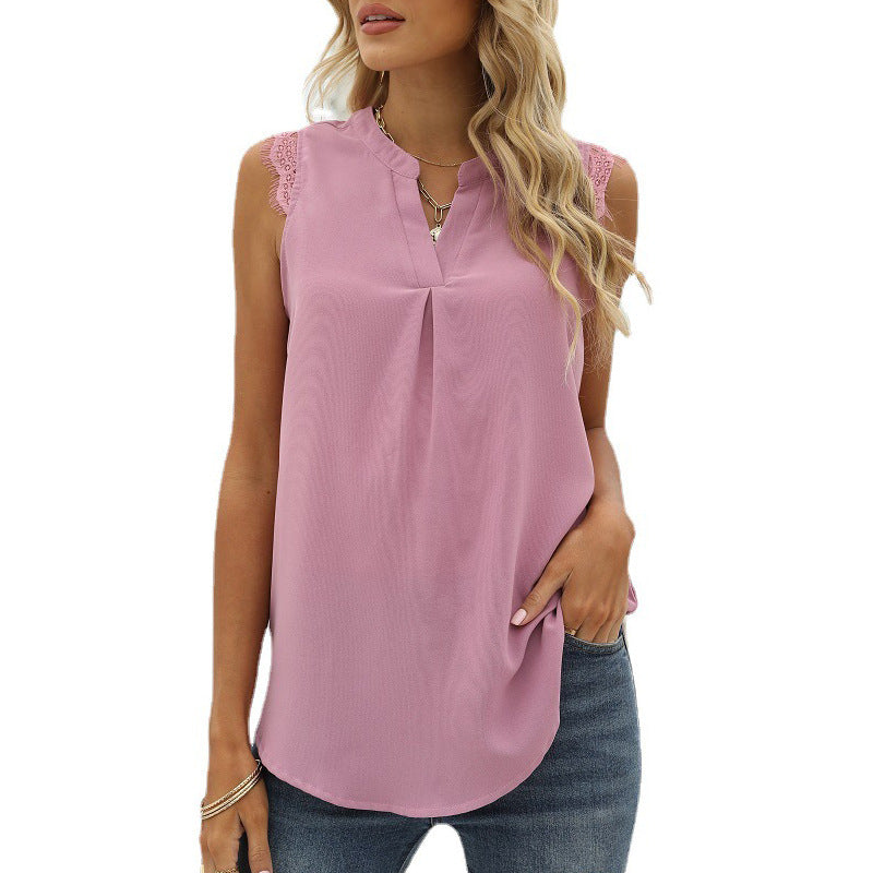 Women's sleeveless blouse shirt with elegant lace insert and fashionable pleats