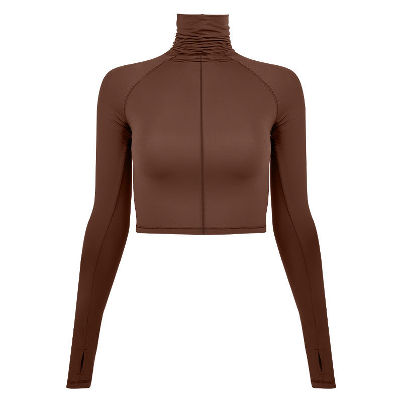 Women's cropped long sleeve top with high collar and gathering