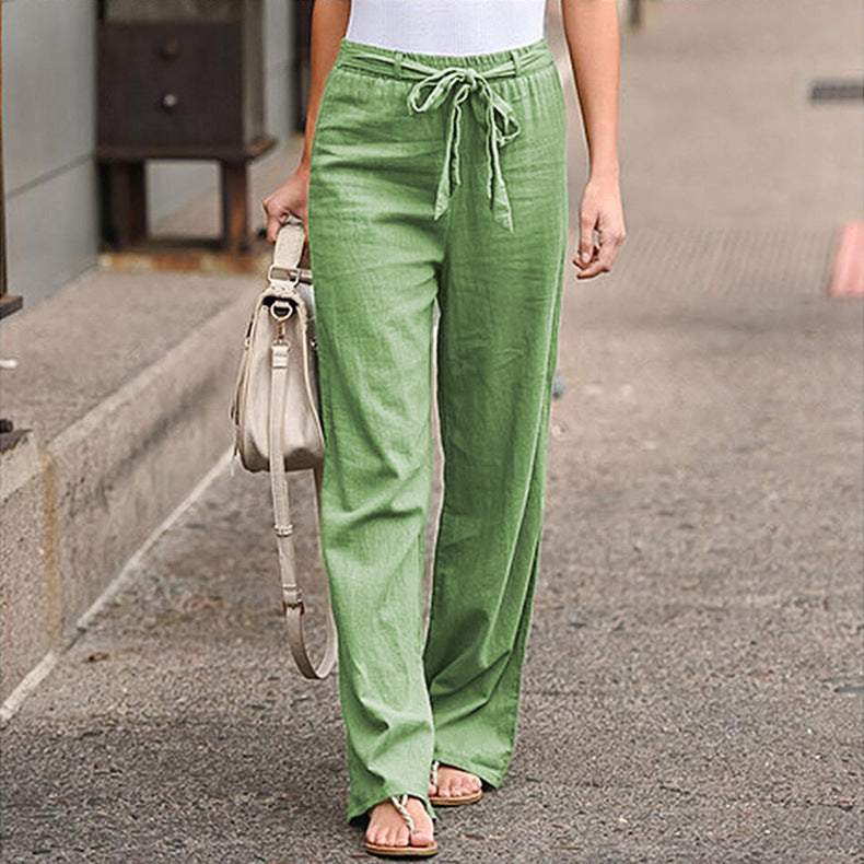 Women's comfortable linen pants with elastic waistband and adjustable tie belt