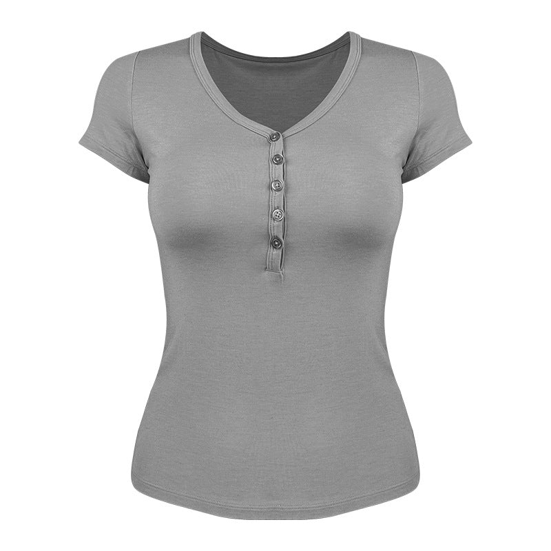 Women's short-sleeved functional shirt with button placket and V-neck