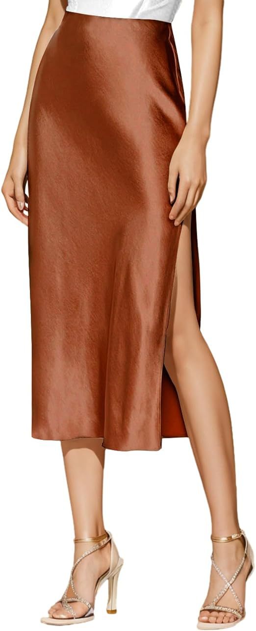 Women Satin Midi Skirt with High Slit