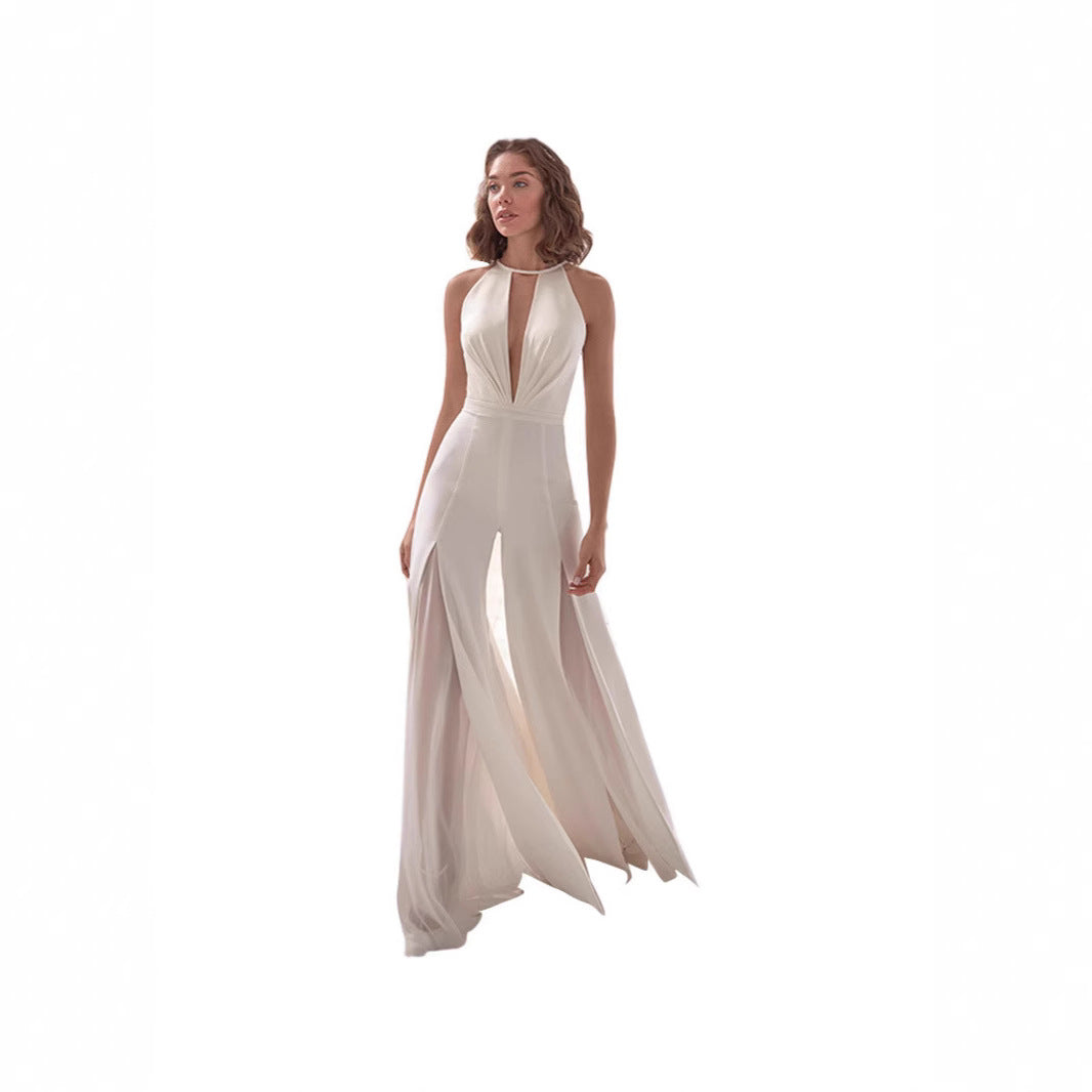 Ladies Elegant Evening Jumpsuit with Deep V-Neck and Flowing Skirt