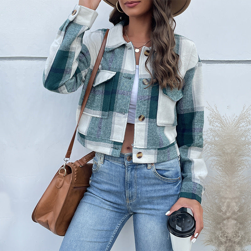 Women's Checked Denim Jacket with Buttons and Chest Pockets