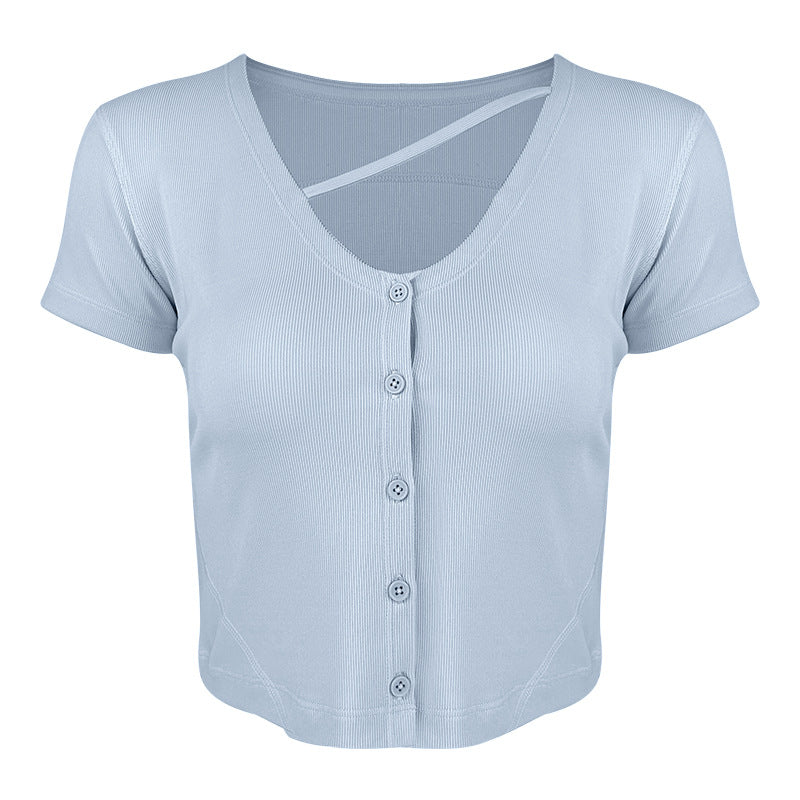 Women's short sports top with stylish V-neck and button placket