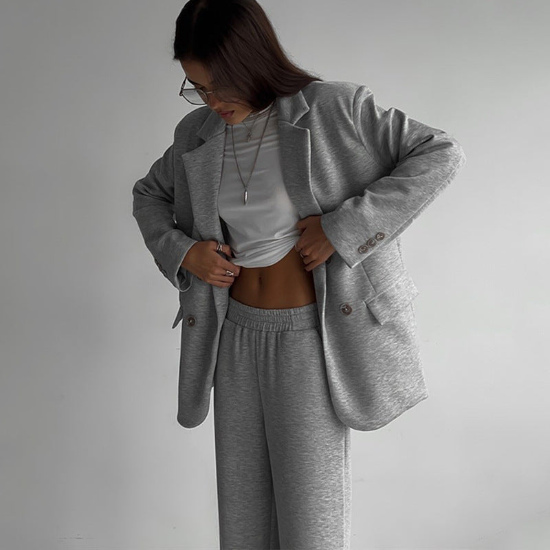 Women's elegant and casual suit set with double button placket and wide leg