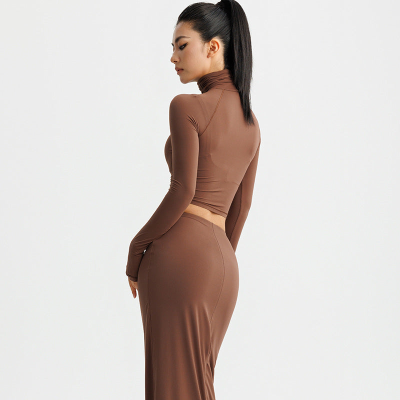 Women's cropped long sleeve top with high collar and gathering