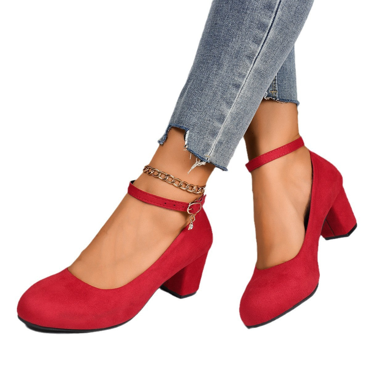 Women's block heel pumps with adjustable ankle strap and soft suede