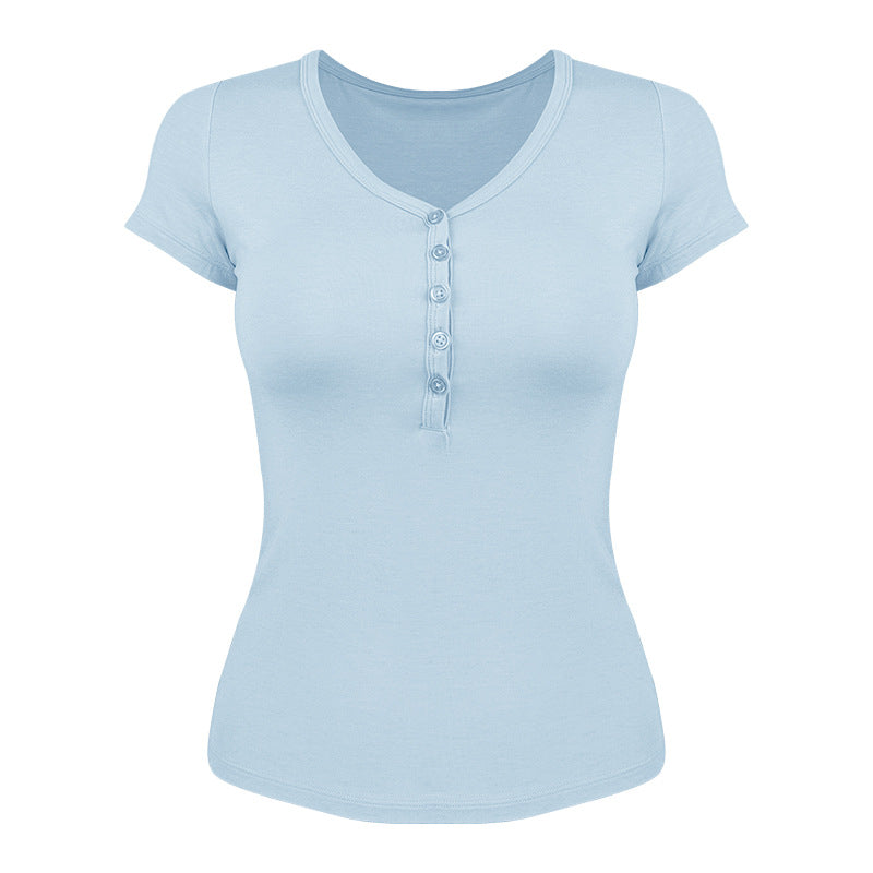 Women's short-sleeved functional shirt with button placket and V-neck