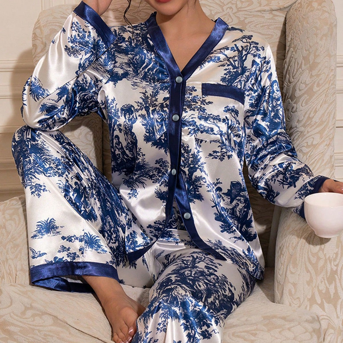 Women's Satin Pajama Set with Fine Pattern and Contrast Trim