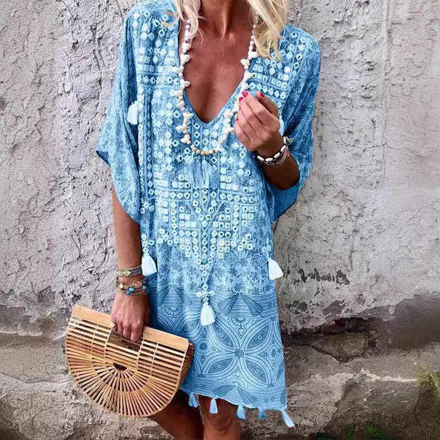 Women Boho-Chic Kaftan with V-neck and Tassel Details