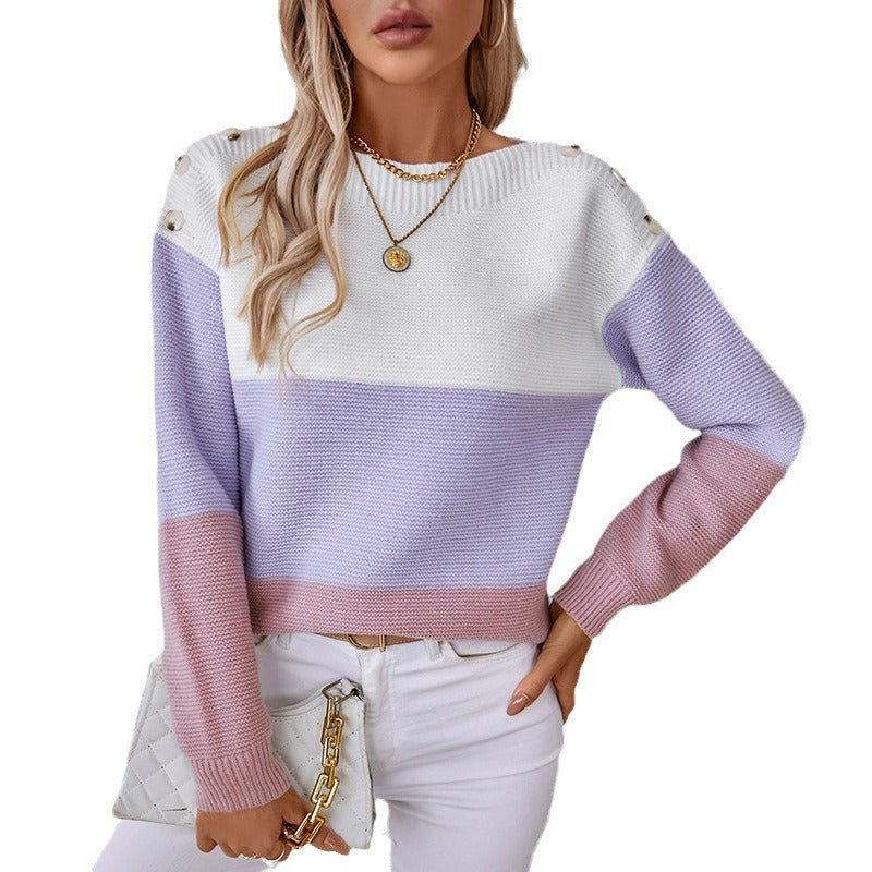 Women's fashionable knitted pullover with decorative button details and block stripes