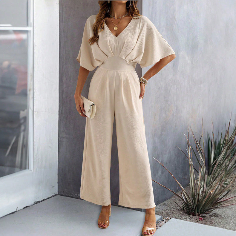 Ladies Wide Cut Jumpsuit with Elegant Draping and V-Neck